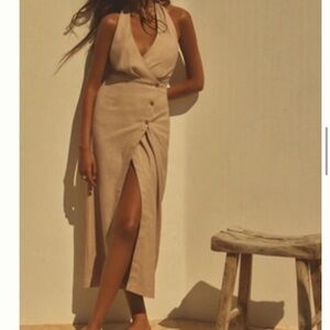 BY ANTHROPOLOGIE LINEN HALTER V-NECK COLUMN MIDI DRESS - SMALL